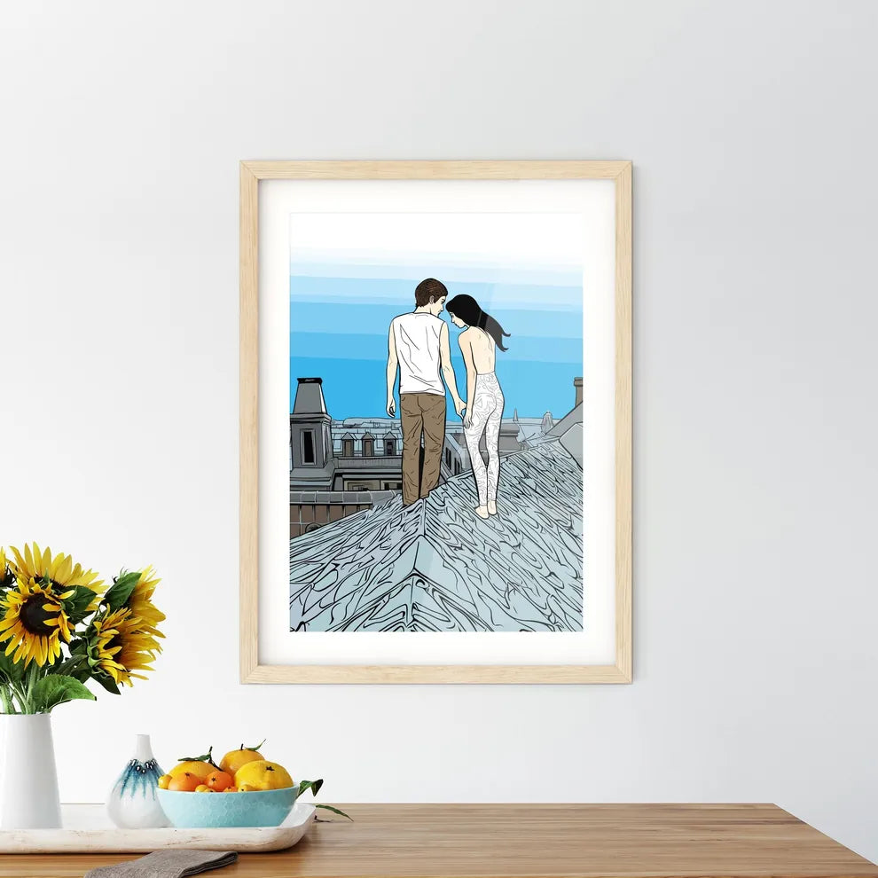 Fashion Art Of A Couple On The Roofs Of Paris - A Man And Woman Standing On A Roof Custom Print