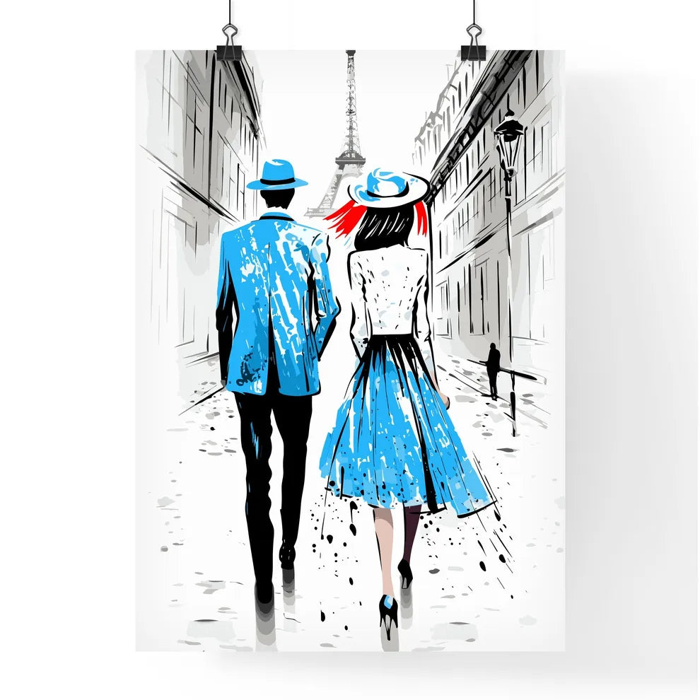 Fashion Illustration Of Couple In Paris - A Man And Woman Walking Down A Street Poster