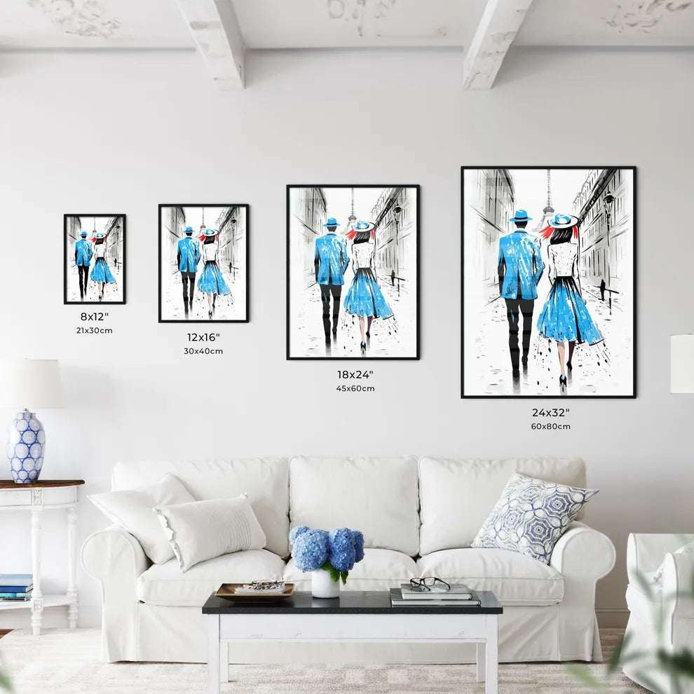 Fashion Illustration Of Couple In Paris - A Man And Woman Walking Down A Street Size Chart