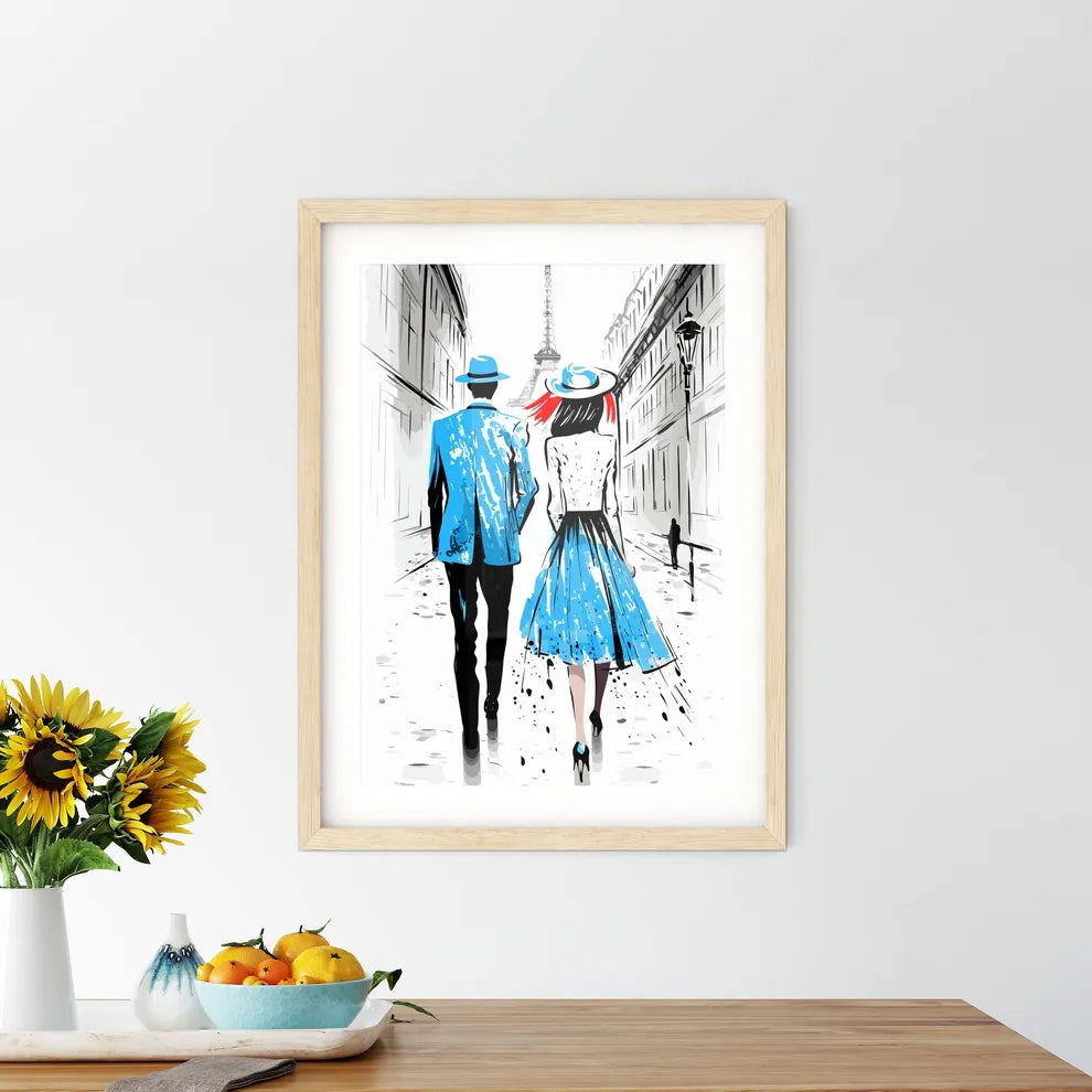 Fashion Illustration Of Couple In Paris - A Man And Woman Walking Down A Street Custom Print