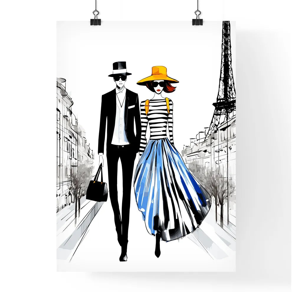 Fashion Illustration Of Couple In Paris - A Man And Woman Walking Down A Street Poster