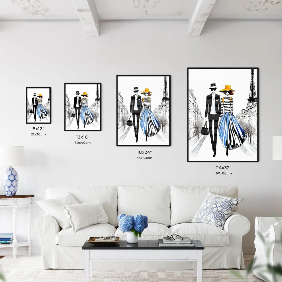 Fashion Illustration Of Couple In Paris - A Man And Woman Walking Down A Street Size Chart