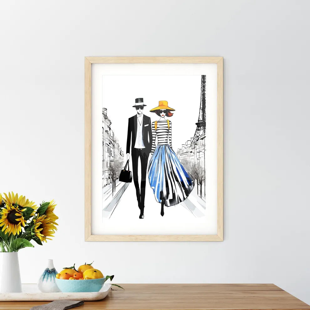 Fashion Illustration Of Couple In Paris - A Man And Woman Walking Down A Street Custom Print