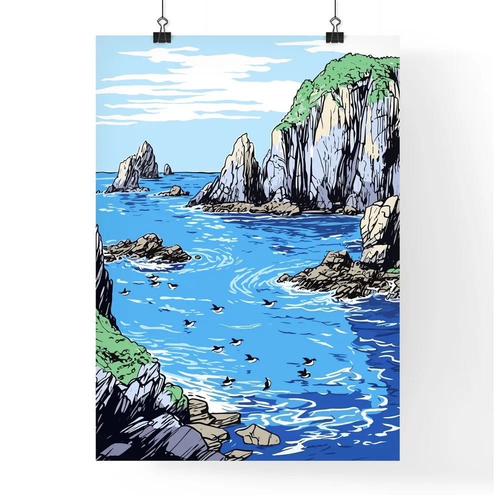 Group Of Penguins With A Blue Iceberg Bay  Poster