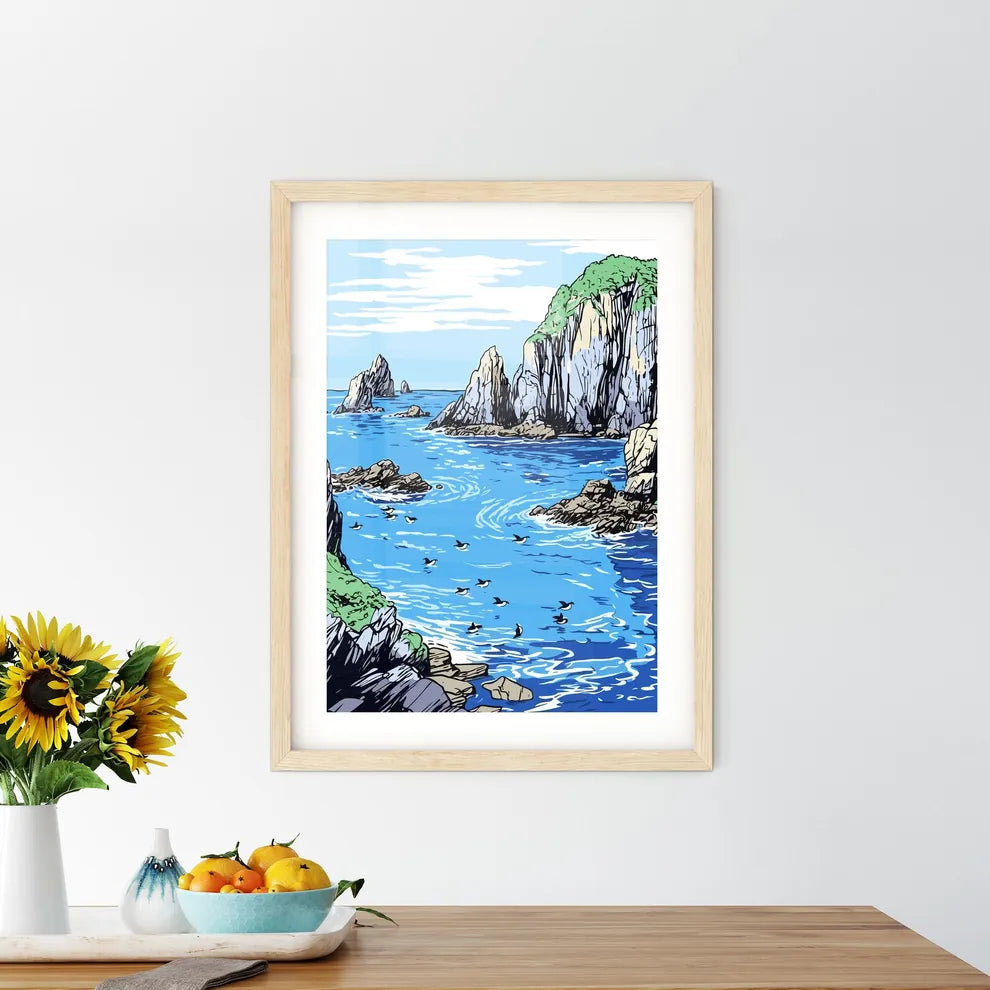 Group Of Penguins With A Blue Iceberg Bay  Framed Print