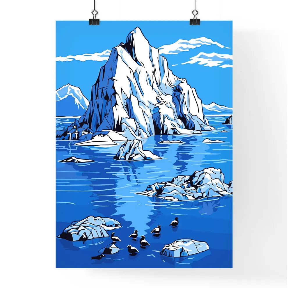 Group Of Penguins With A Blue Iceberg Bay  Poster