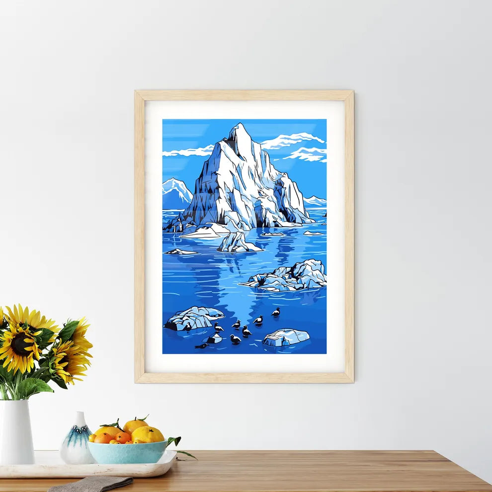 Group Of Penguins With A Blue Iceberg Bay  Framed Print