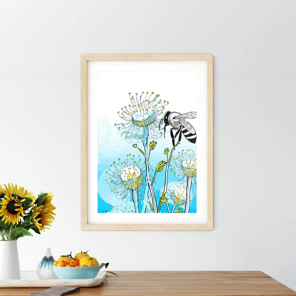 Honey Bee On A Blue Flower Pollinating  Framed Print