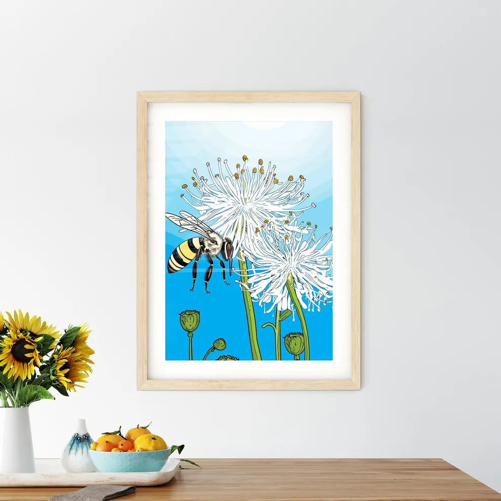 Honey Bee On A Blue Flower Pollinating  Framed Print