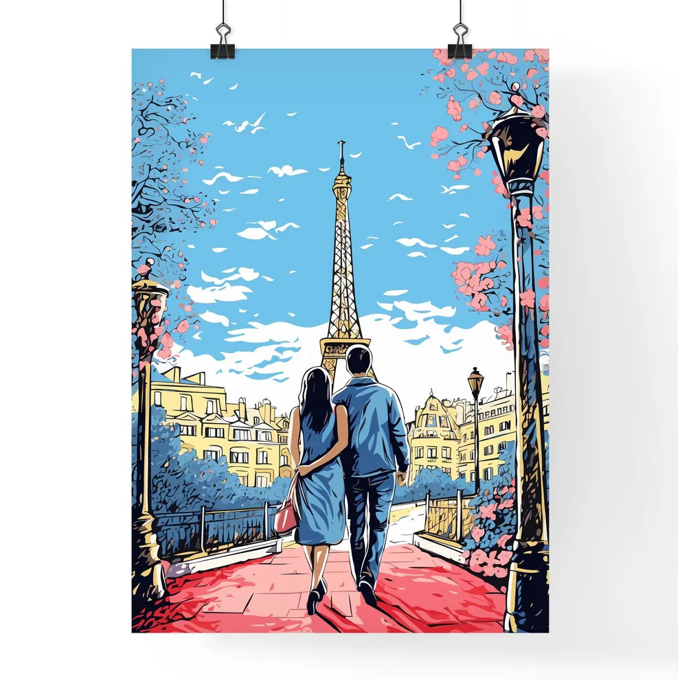 Honeymoon In Paris - A Man And Woman Walking Down A Sidewalk With A Tower In The Background Poster