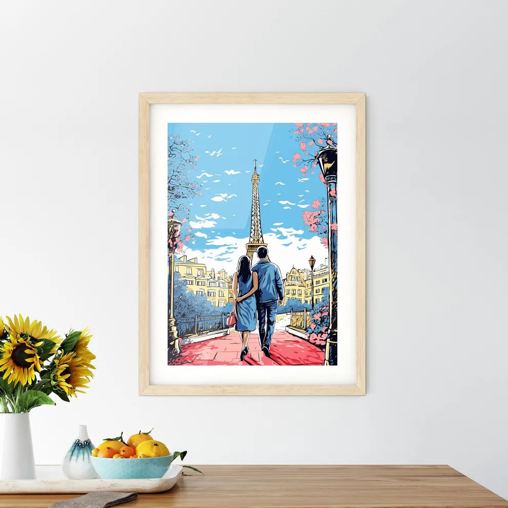 Honeymoon In Paris - A Man And Woman Walking Down A Sidewalk With A Tower In The Background Custom Print