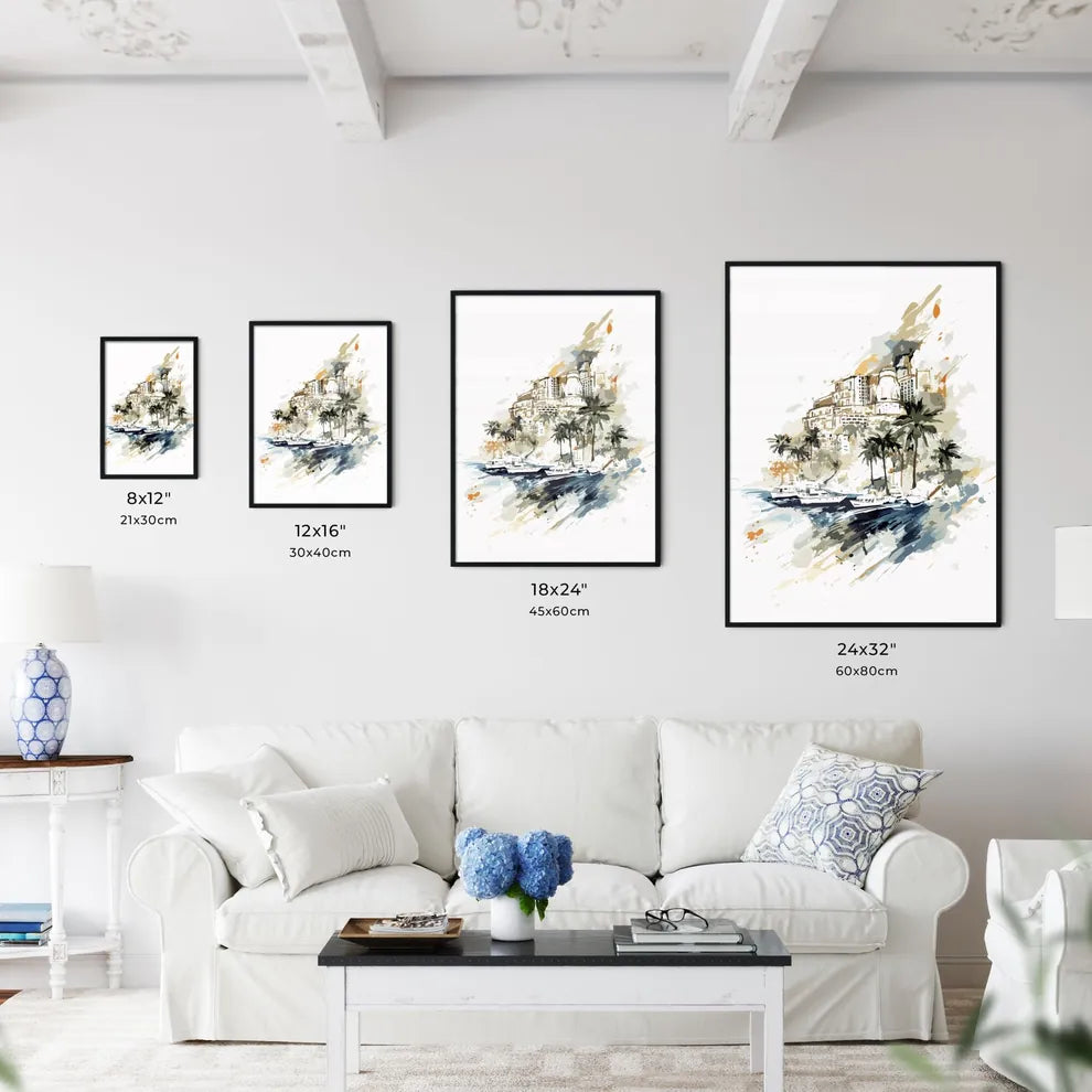 Ibiza Spain Vacation Poster - A Watercolor Of A City And Boats Size Chart