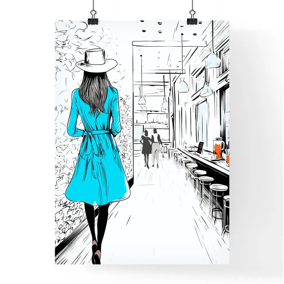 Lifestyle Fashion Illustration In The Coffee Bar - A Woman In A Blue Dress Poster