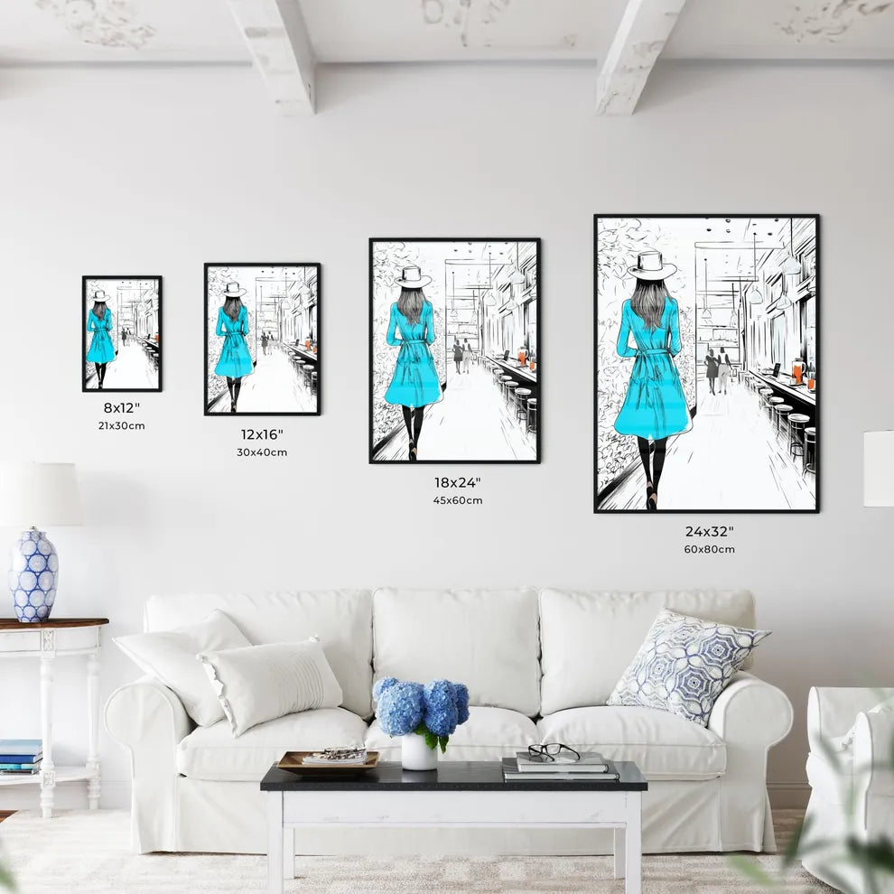 Lifestyle Fashion Illustration In The Coffee Bar - A Woman In A Blue Dress Size Chart