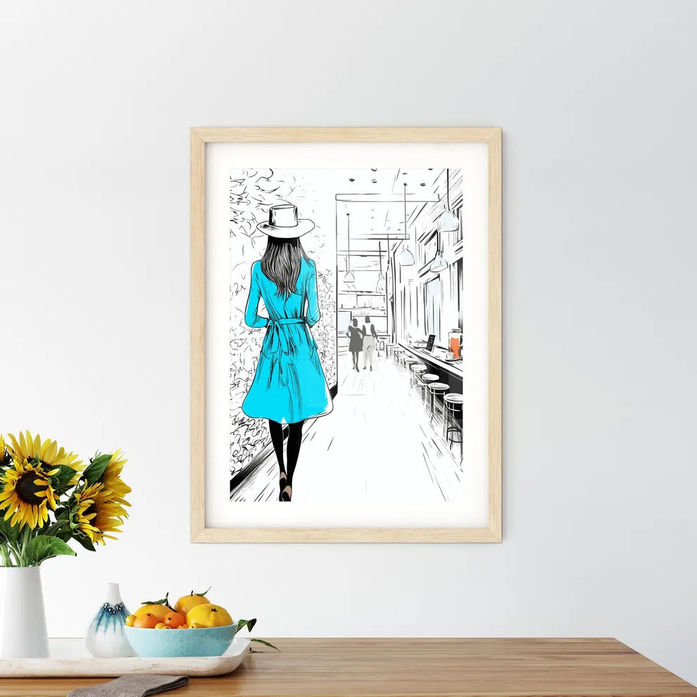 Lifestyle Fashion Illustration In The Coffee Bar - A Woman In A Blue Dress Custom Print