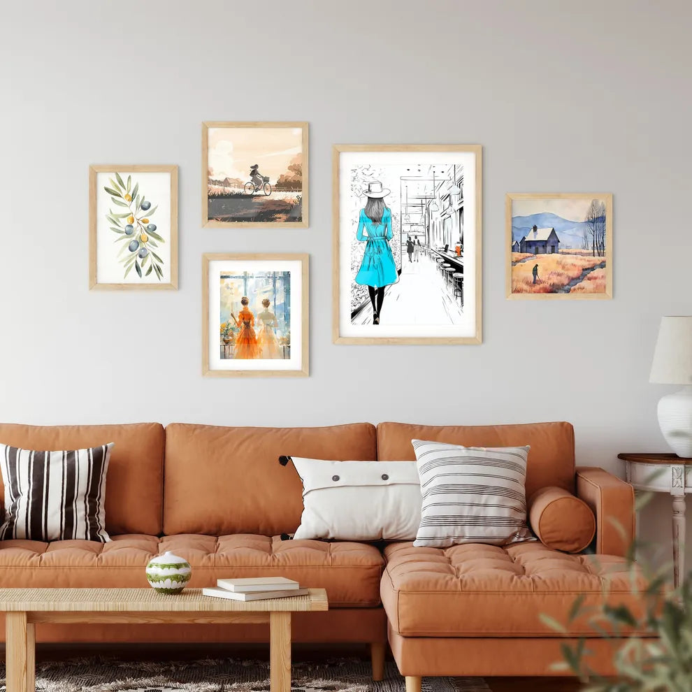 Lifestyle Fashion Illustration In The Coffee Bar - A Woman In A Blue Dress Interior Design