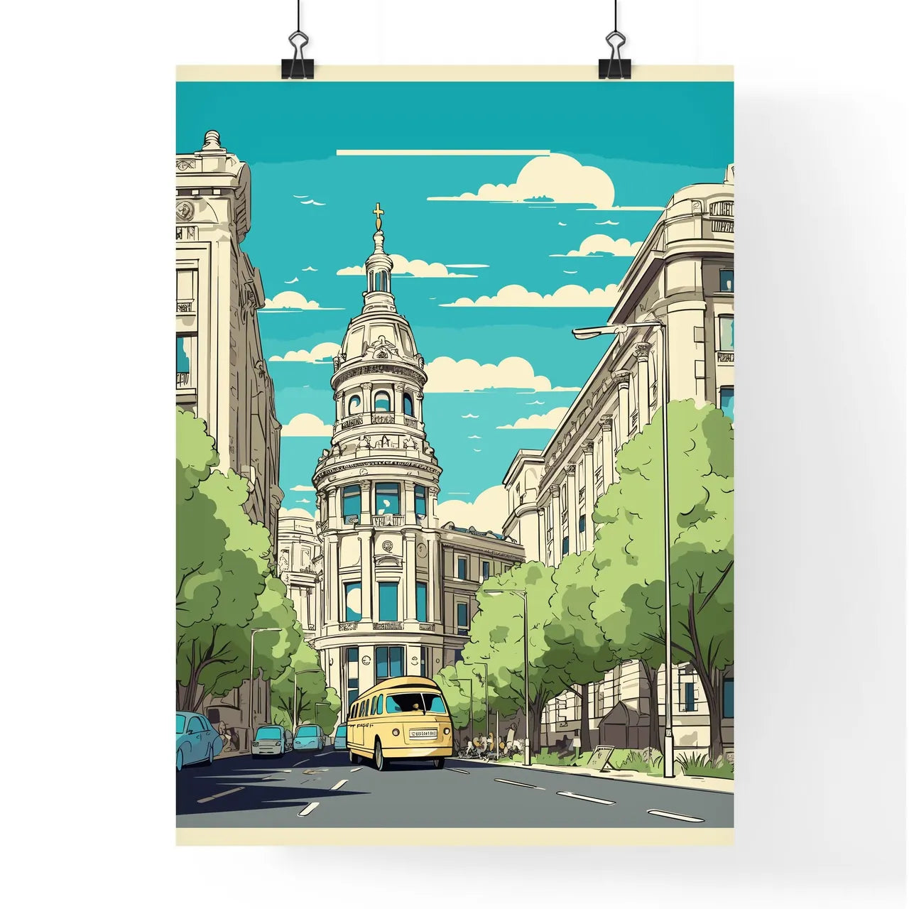 Madrid Spain Vacation Poster - A Yellow Bus On A Street With Trees And Buildings Poster