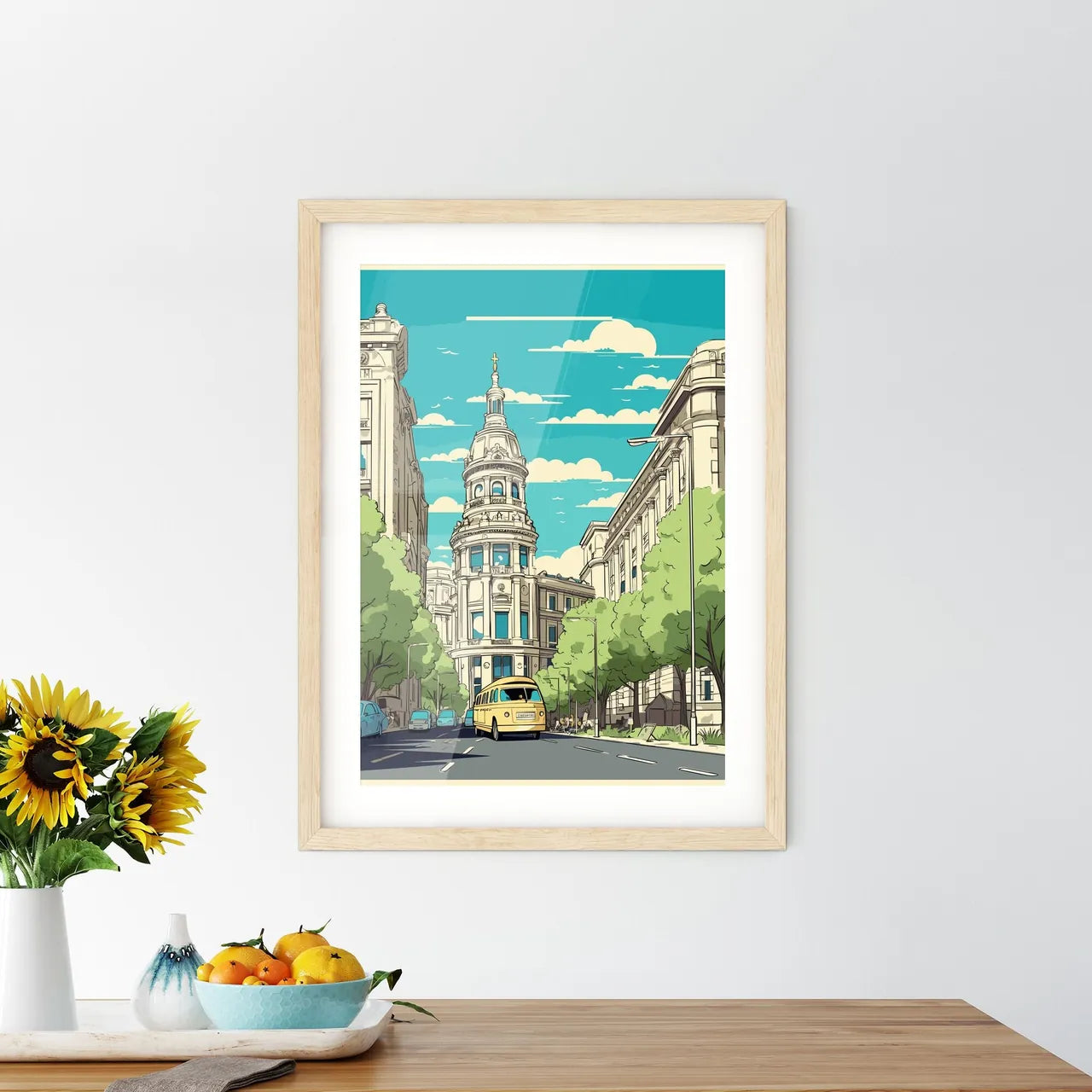 Madrid Spain Vacation Poster - A Yellow Bus On A Street With Trees And Buildings Custom Print