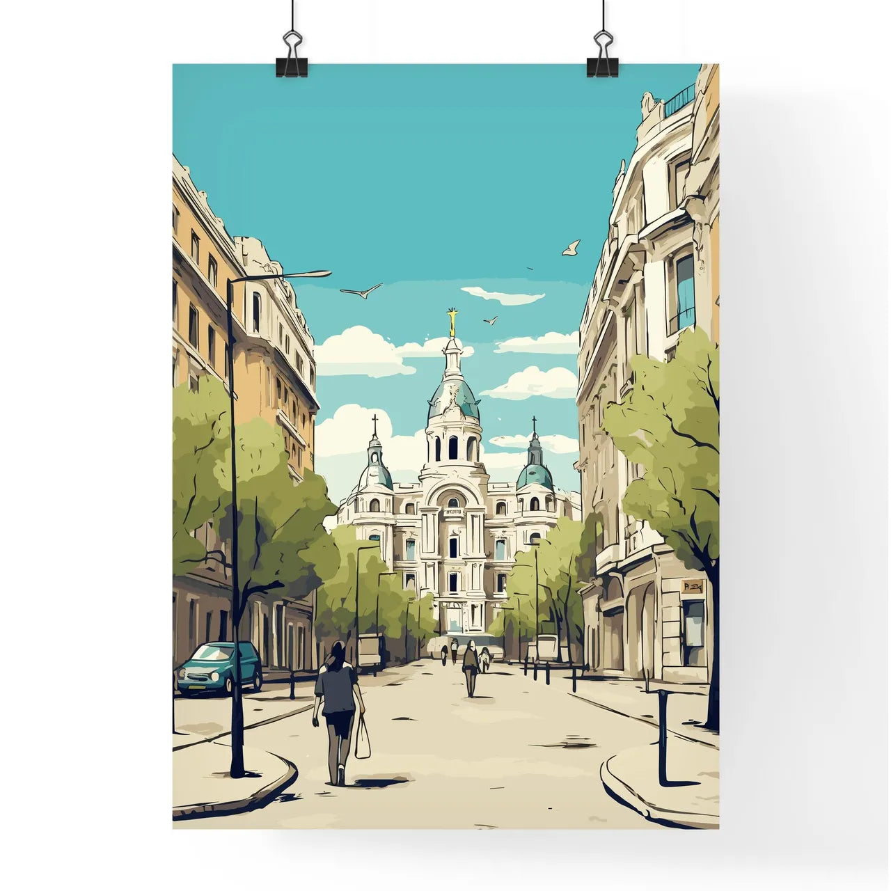 Madrid Spain Vacation Poster - A Street With A Building And Trees Poster