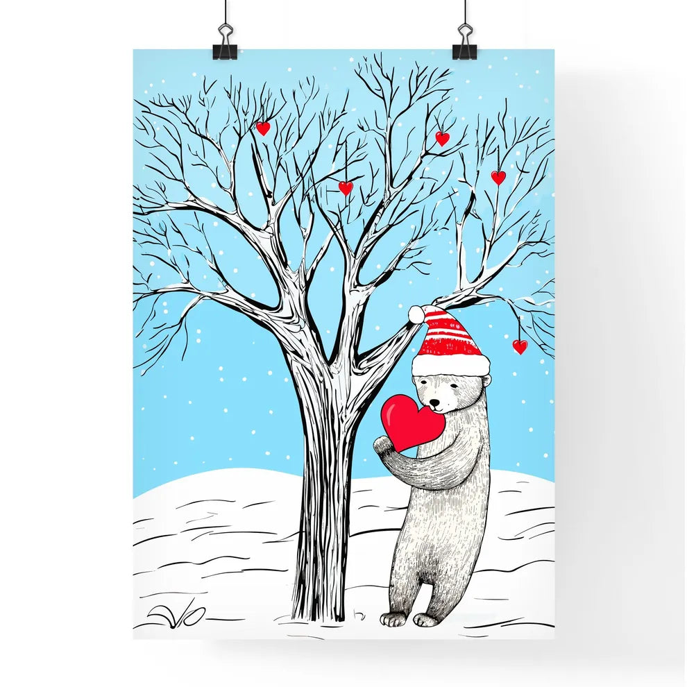 Merry Christmas Card With A Cute Bear Huging A Heart  Poster