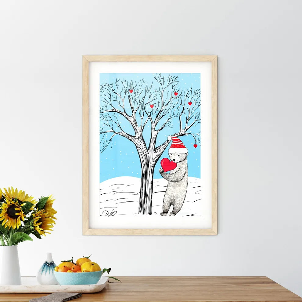 Merry Christmas Card With A Cute Bear Huging A Heart  Framed Print