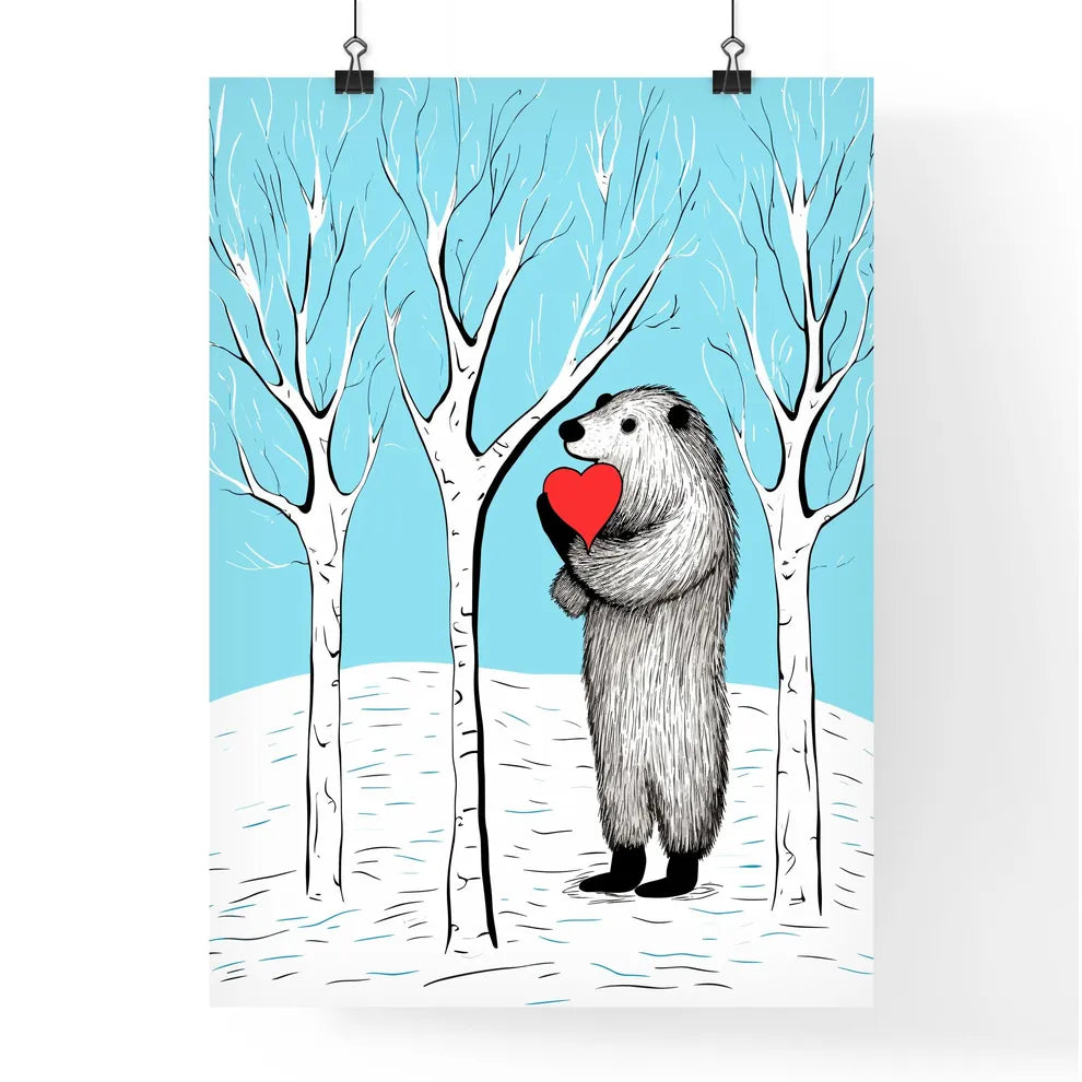 Merry Christmas Card With A Cute Bear Huging A Heart  Poster