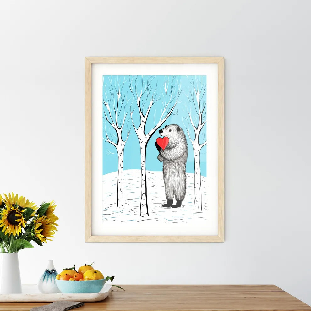 Merry Christmas Card With A Cute Bear Huging A Heart  Framed Print