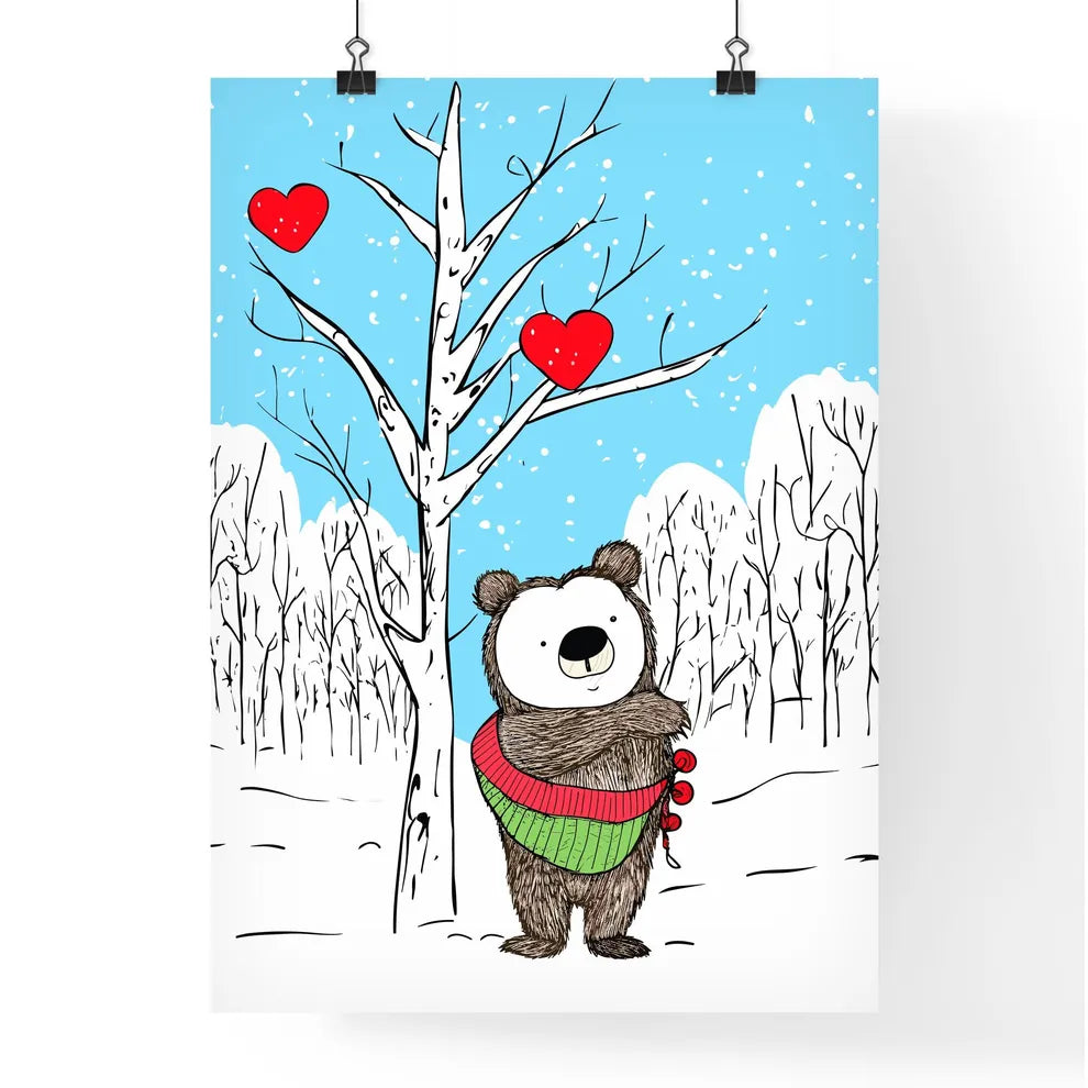 Merry Christmas Card With A Cute Bear Huging A Heart  Poster