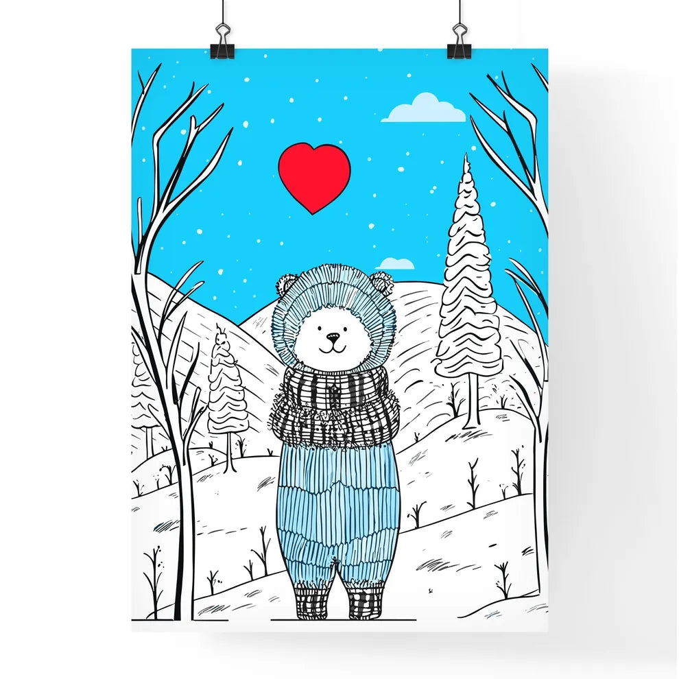 Merry Christmas Card With A Cute Bear Huging A Heart  Poster