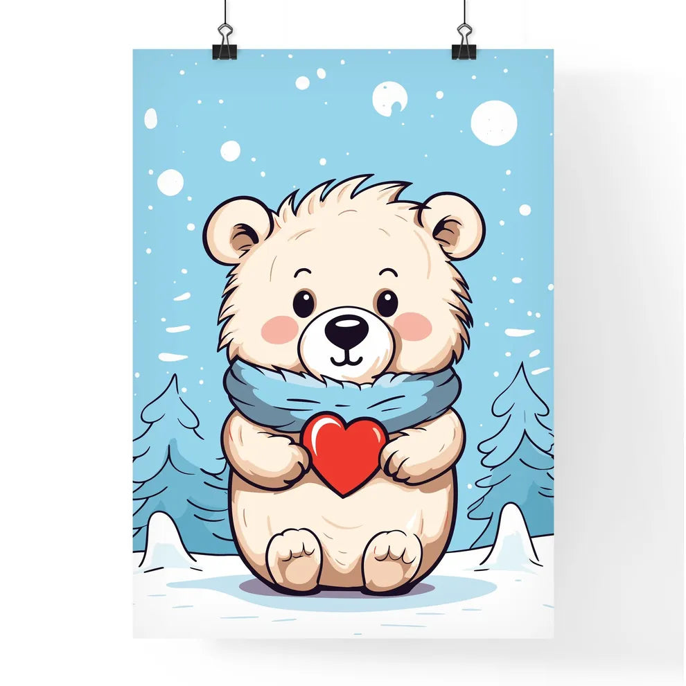 Merry Christmas Card With A Cute Bear Huging A Heart  Poster