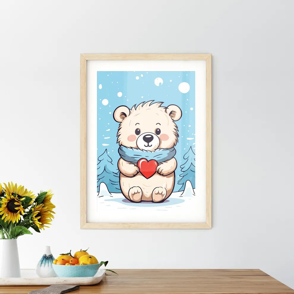 Merry Christmas Card With A Cute Bear Huging A Heart  Framed Print