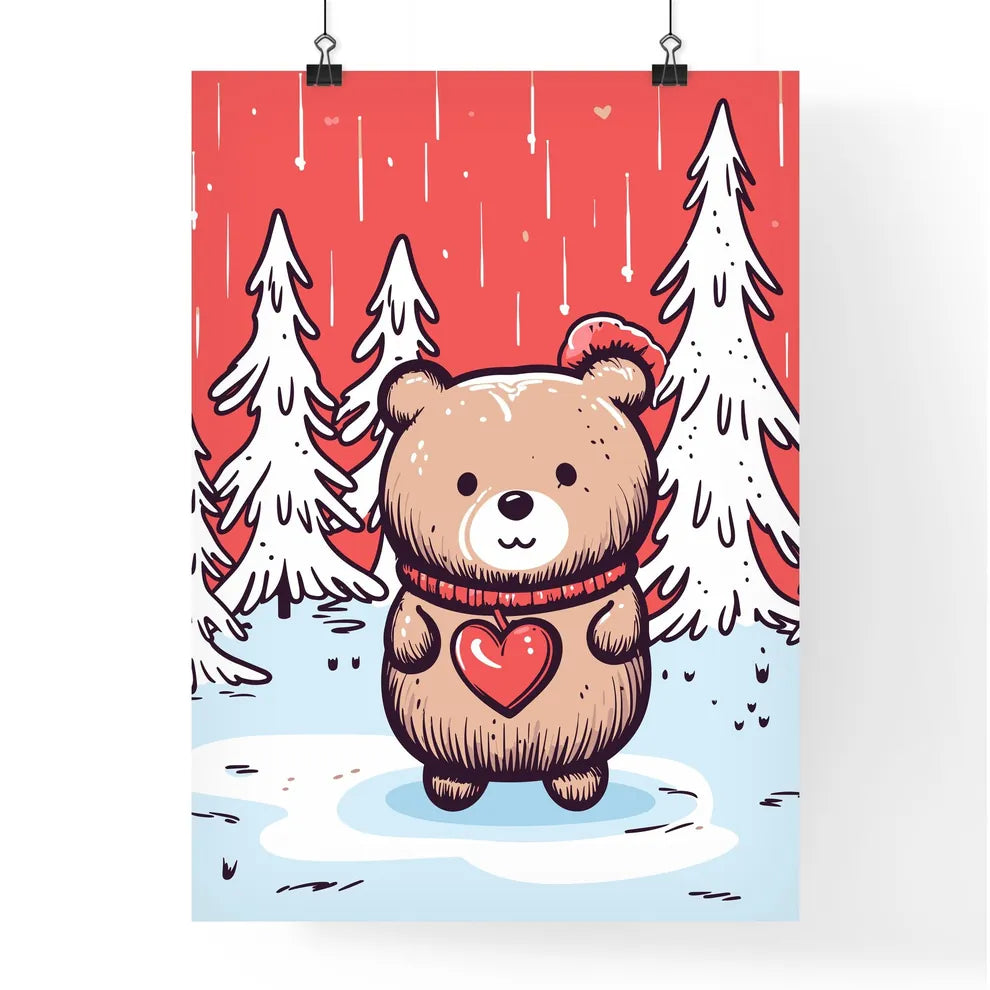 Merry Christmas Card With A Cute Bear Huging A Heart  Poster