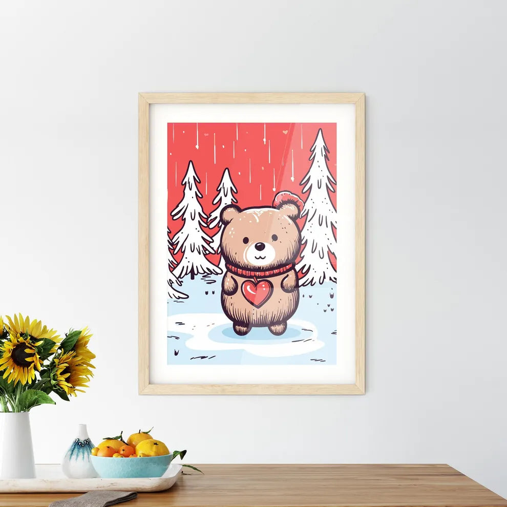 Merry Christmas Card With A Cute Bear Huging A Heart  Framed Print