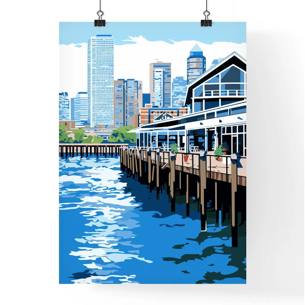 New York City Waterfront - A Building On A Dock With A City In The Background Poster