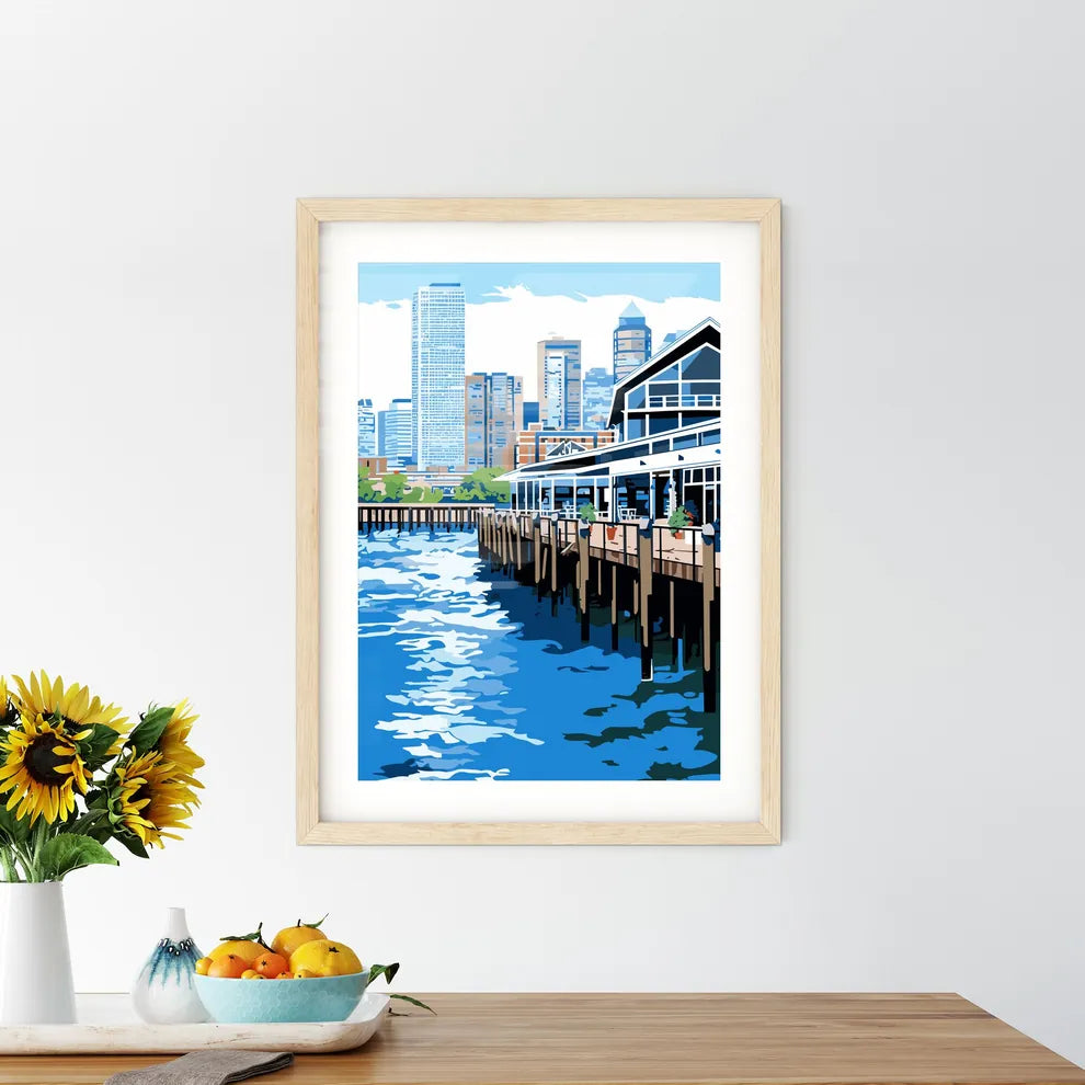 New York City Waterfront - A Building On A Dock With A City In The Background Custom Print