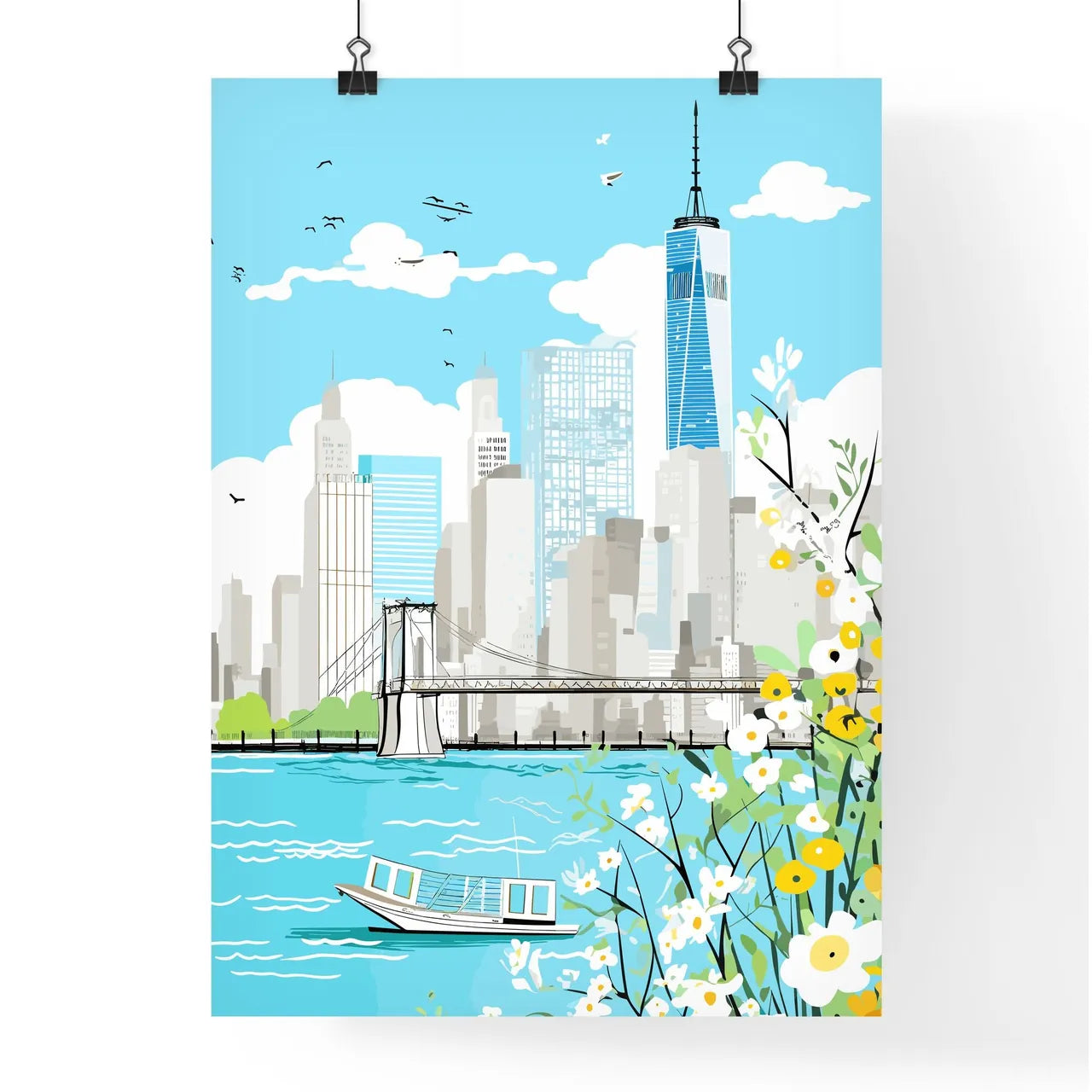 New York City Waterfront - A Cityscape With A Bridge And Flowers Poster