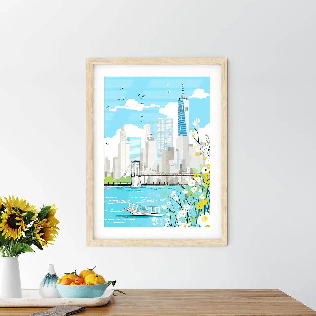 New York City Waterfront - A Cityscape With A Bridge And Flowers Custom Print