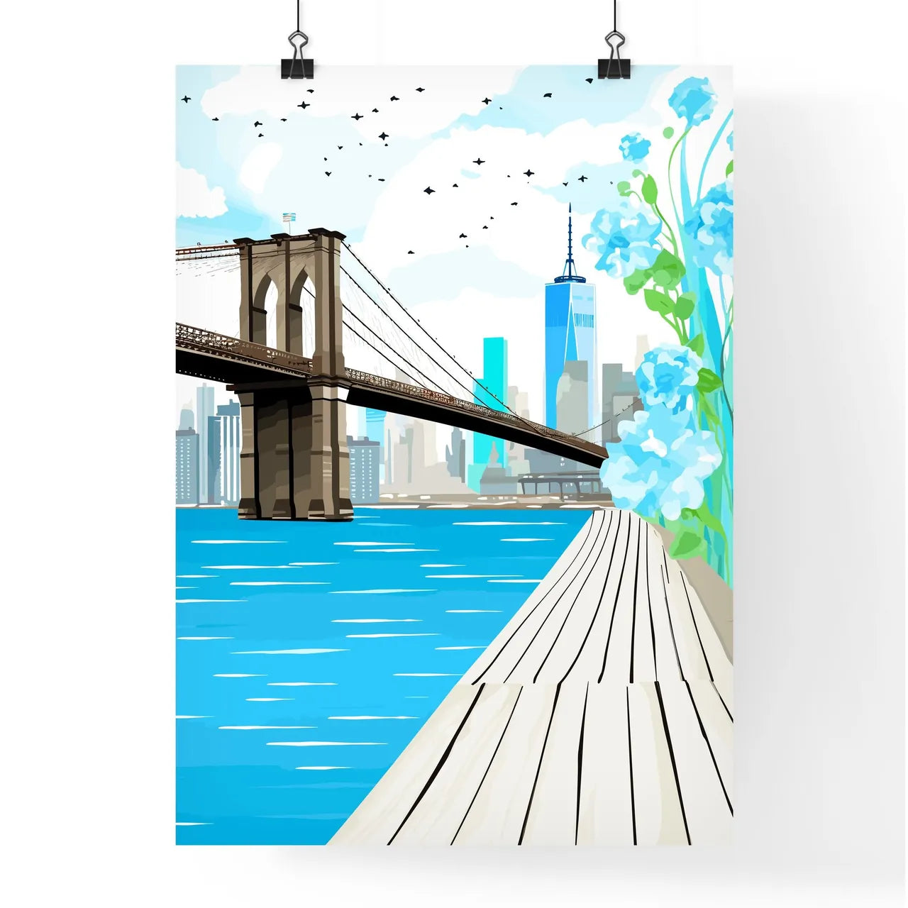 New York City Waterfront - A Bridge Over Water With Flowers And A City In The Background Poster