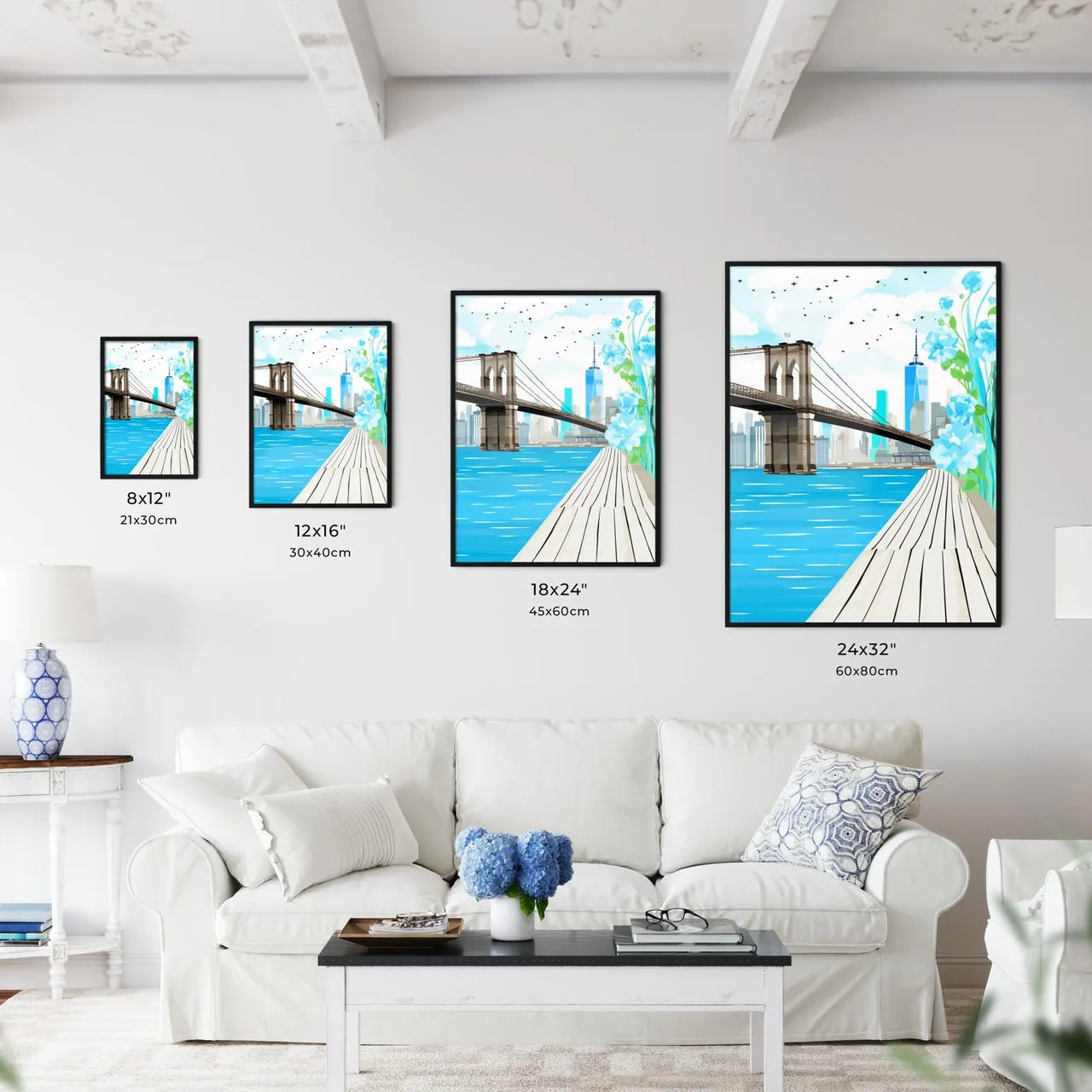 New York City Waterfront - A Bridge Over Water With Flowers And A City In The Background Size Chart