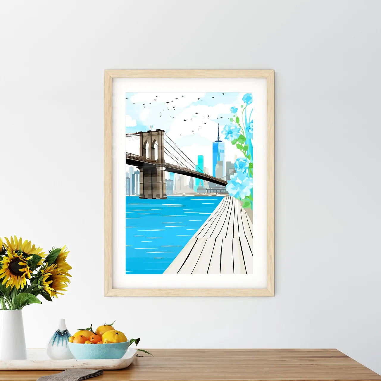 New York City Waterfront - A Bridge Over Water With Flowers And A City In The Background Custom Print