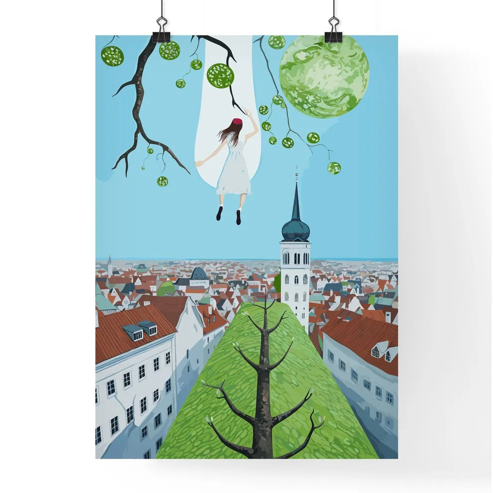 Over The Roofs Of Munich - A Painting Of A Woman In A Swing In A City Poster