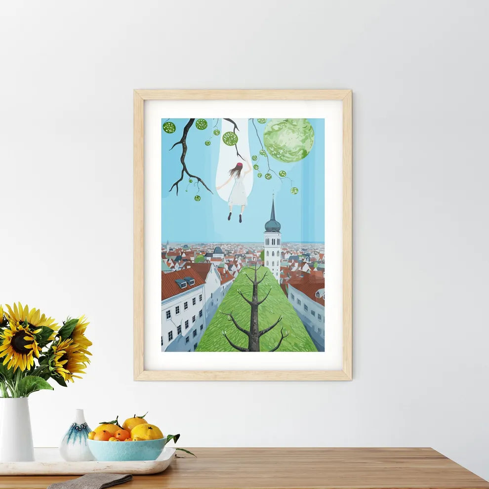 Over The Roofs Of Munich - A Painting Of A Woman In A Swing In A City Custom Print