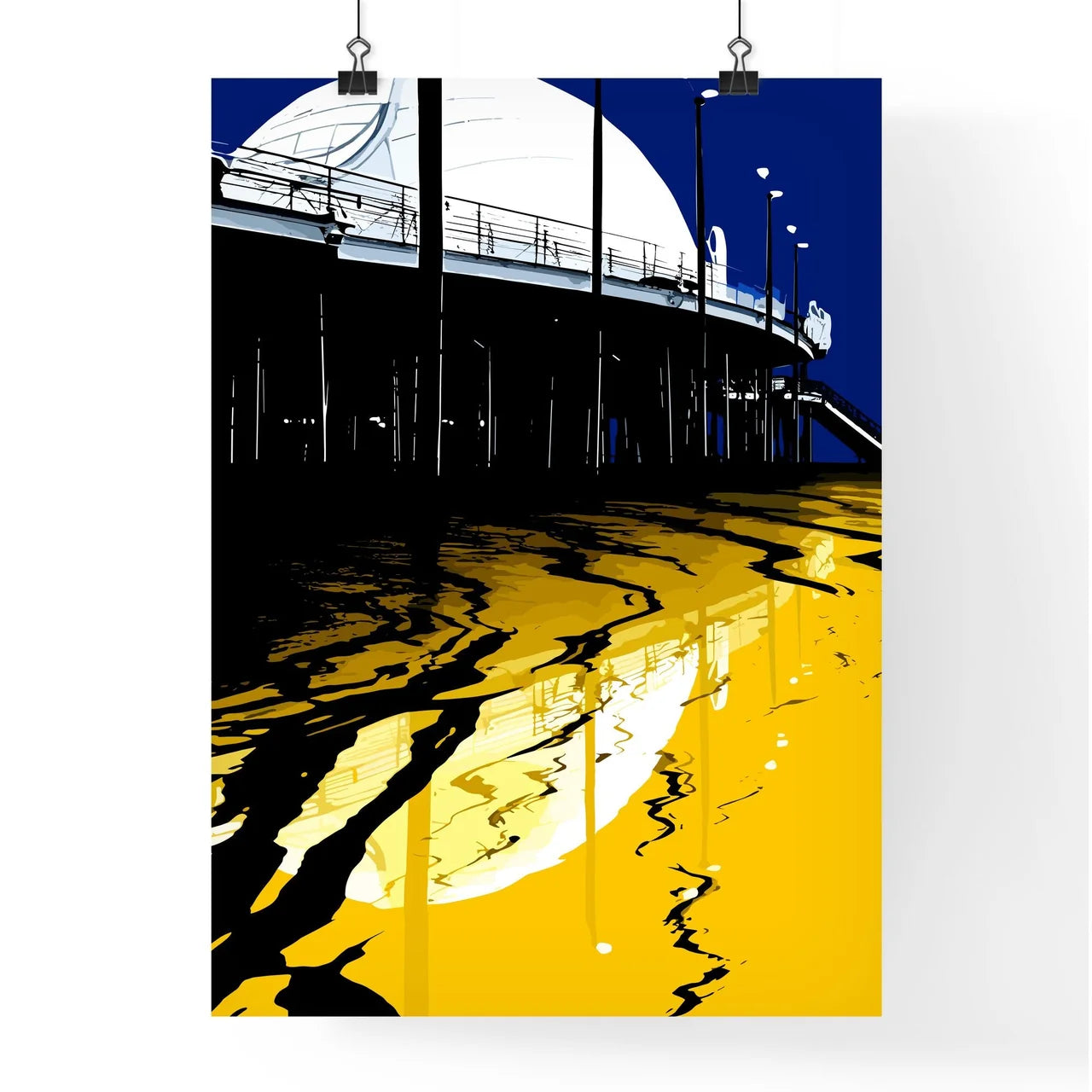 Silhouette Of Santa Monica Pier Reflected - A Yellow And Black Building With A Staircase Poster