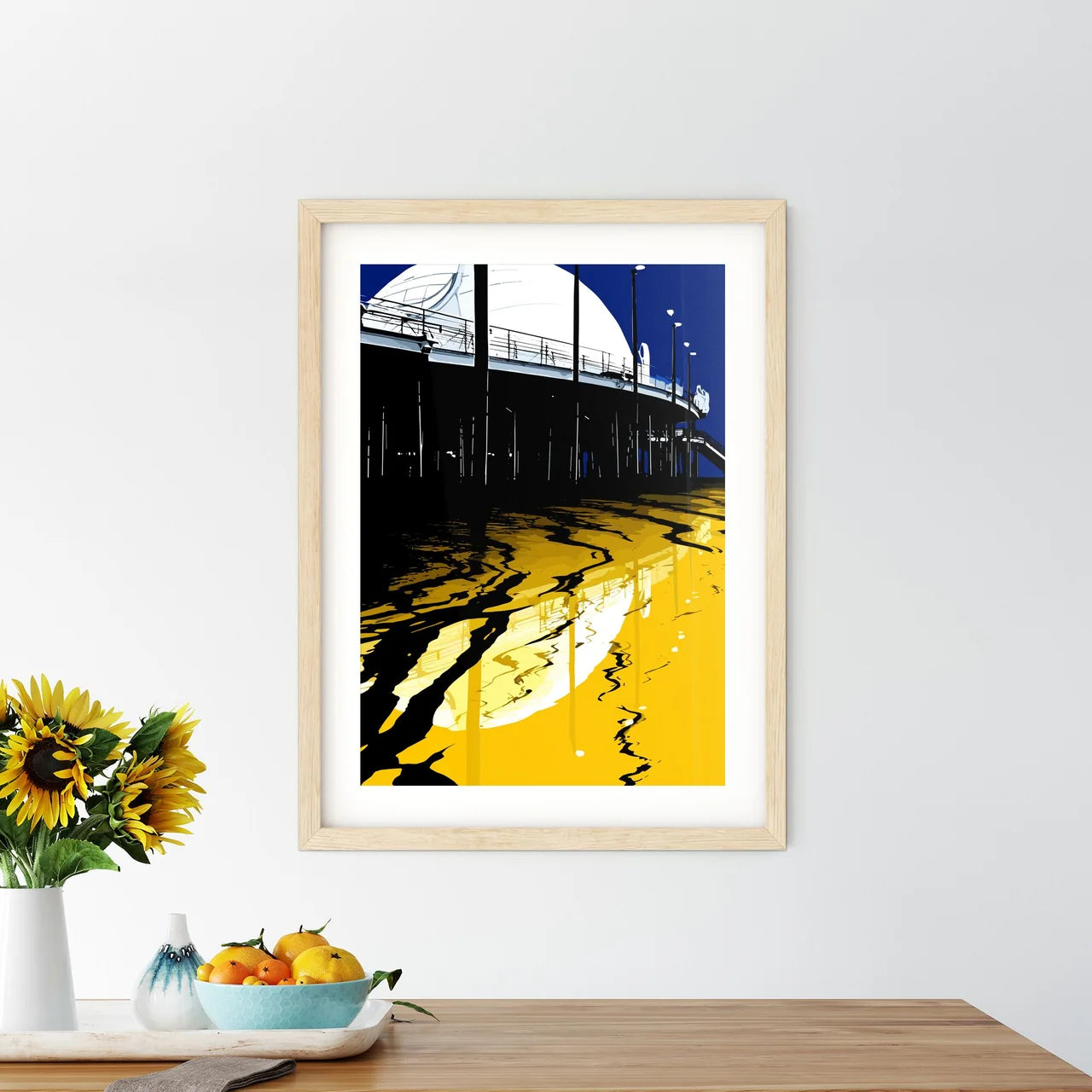 Silhouette Of Santa Monica Pier Reflected - A Yellow And Black Building With A Staircase Custom Print