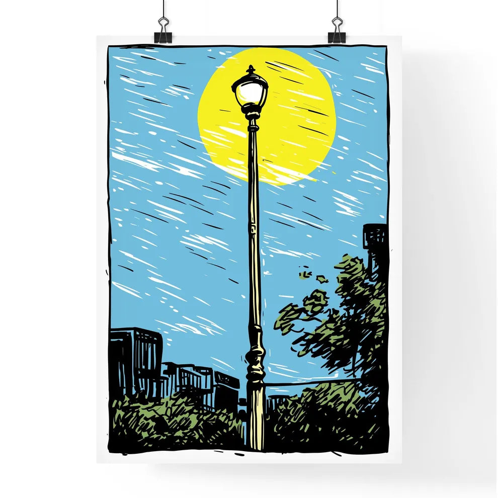 Solitary Lamppost Trying To Shine Its Yellow Light - A Street Light With A Yellow Sun And Blue Sky Poster