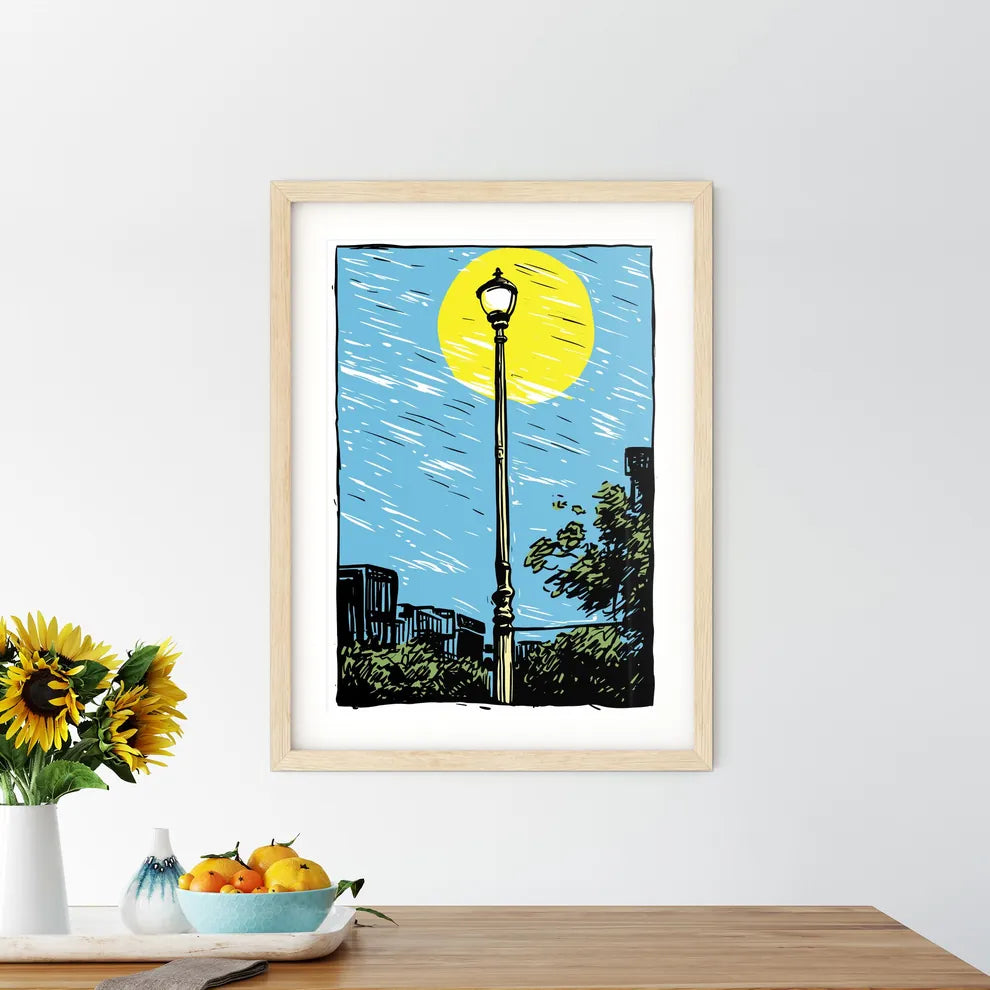 Solitary Lamppost Trying To Shine Its Yellow Light - A Street Light With A Yellow Sun And Blue Sky Custom Print