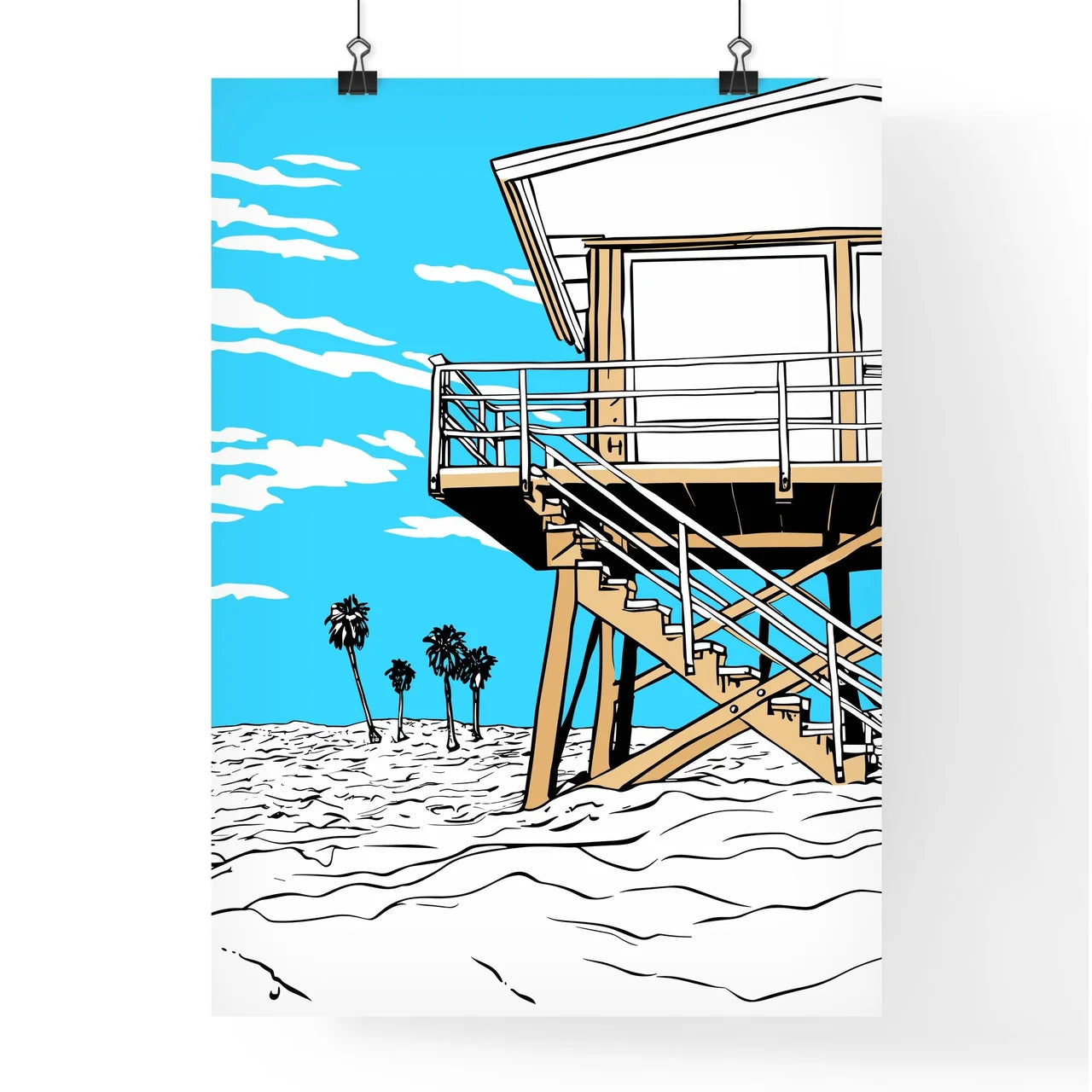 The Lifeguard Tower On Venice Beach Los Angeles Ca - A Beach House With Stairs And Palm Trees Poster