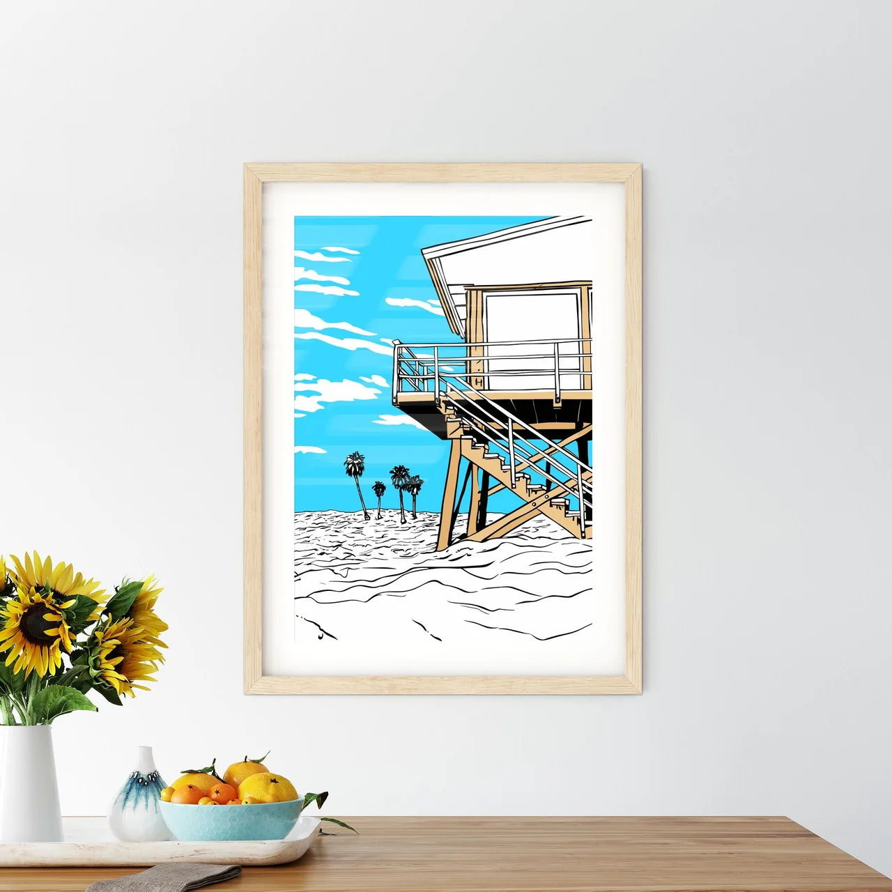 The Lifeguard Tower On Venice Beach Los Angeles Ca - A Beach House With Stairs And Palm Trees Custom Print