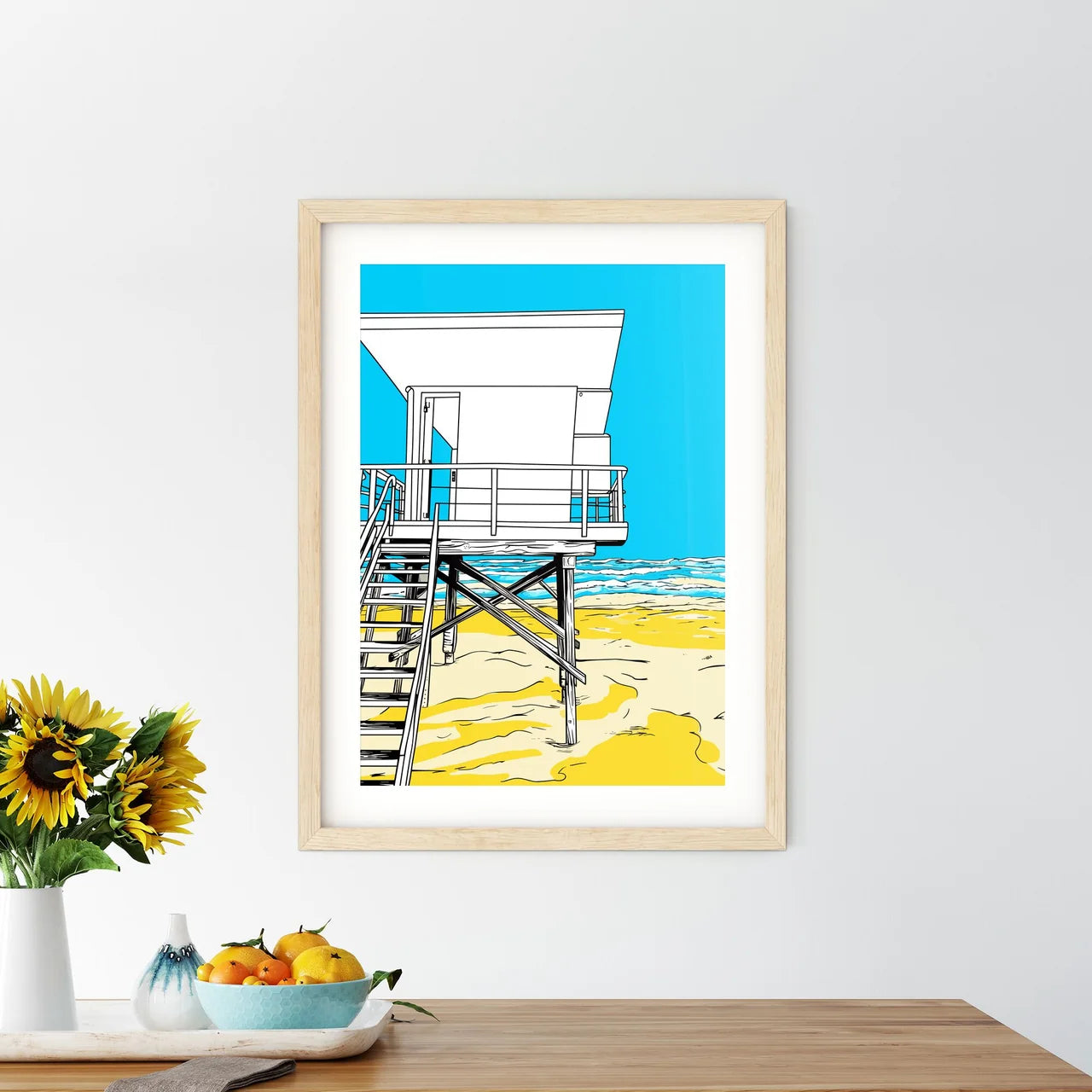 The Lifeguard Tower On Venice Beach Los Angeles Ca - A Cartoon Of A Lifeguard Tower On A Beach Custom Print
