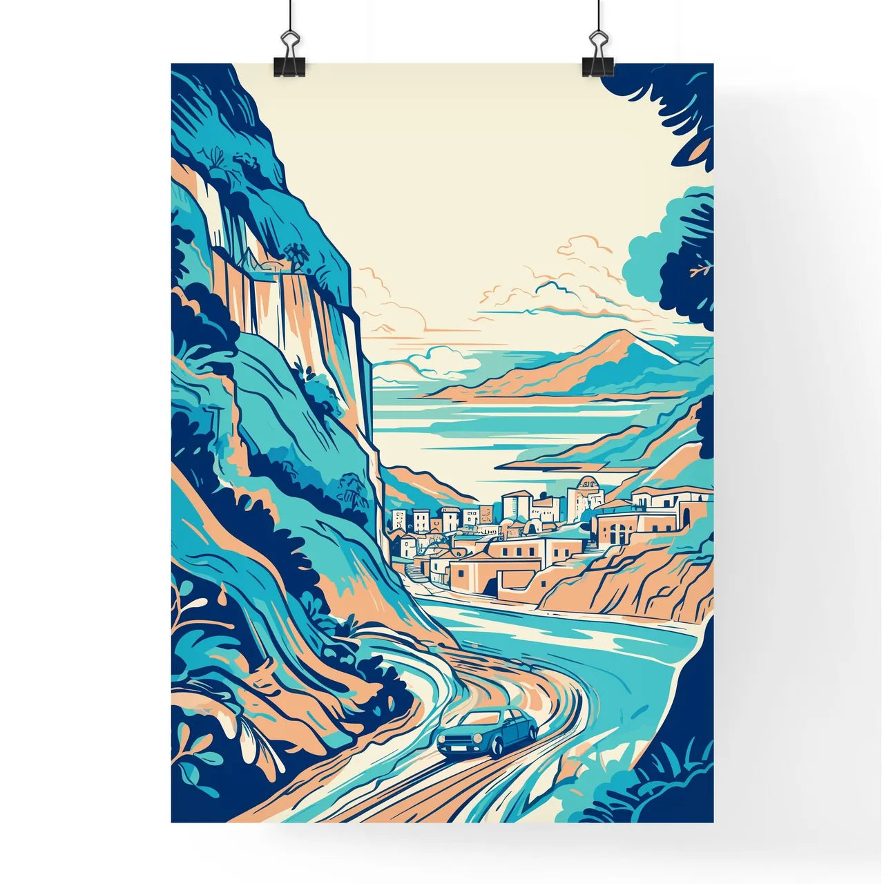 Valencia Vacation Poster - A Cartoon Of A Town On A Mountain Poster